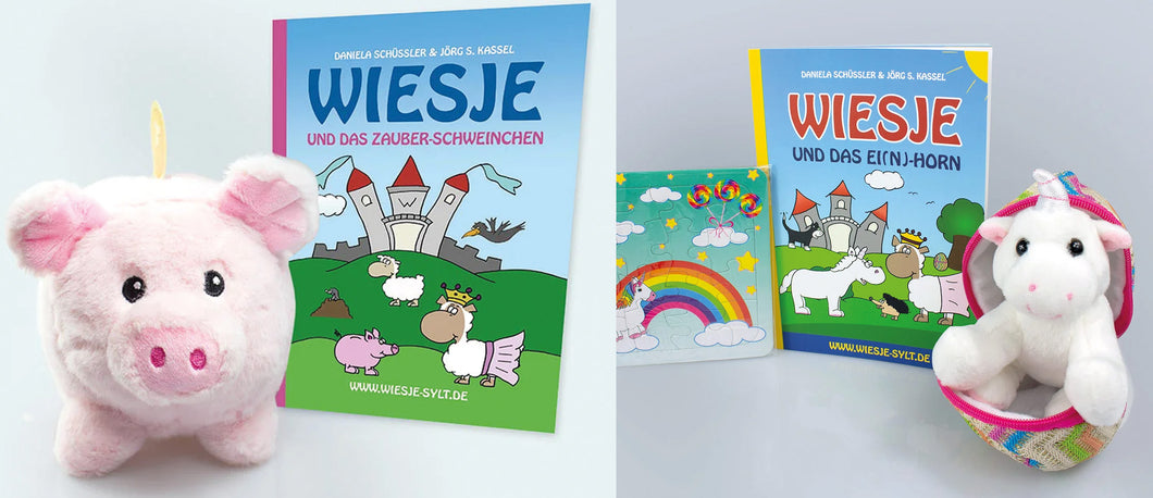 Märchen-Komplettpaket: Wiesje und das Ei(n)-Horn + Wiesje und das Zauber-Schweinchen - 2 Bücher plus 2 Stofftiere