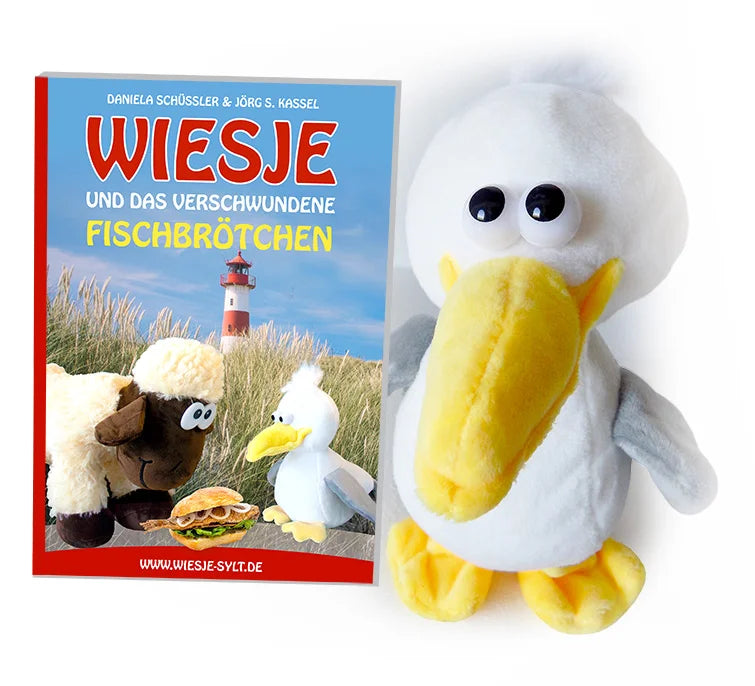 Wiesje und das verschwundene Fischbrötchen – KOMPLETTPAKET mit Sylter Kinderbuch + Möwe Kalle als Stofftier (spricht & läuft)!