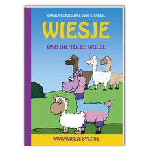 Lade das Bild in den Galerie-Viewer, Wiesje und die tolle Wolle - Kinderbuch plus Alpaka Sieglinde als Kuscheltier
