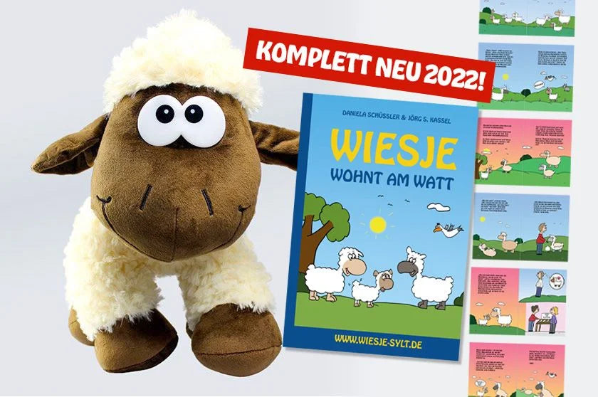 Kinderbuch „Wiesje wohnt am Watt“ + Wiesje als Plüsch-Schaf